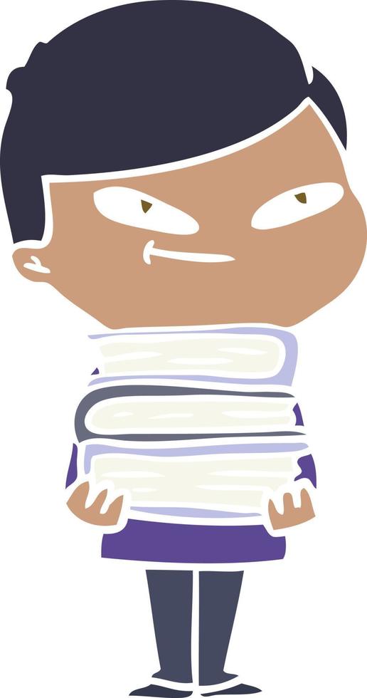 flat color style cartoon boy with books vector