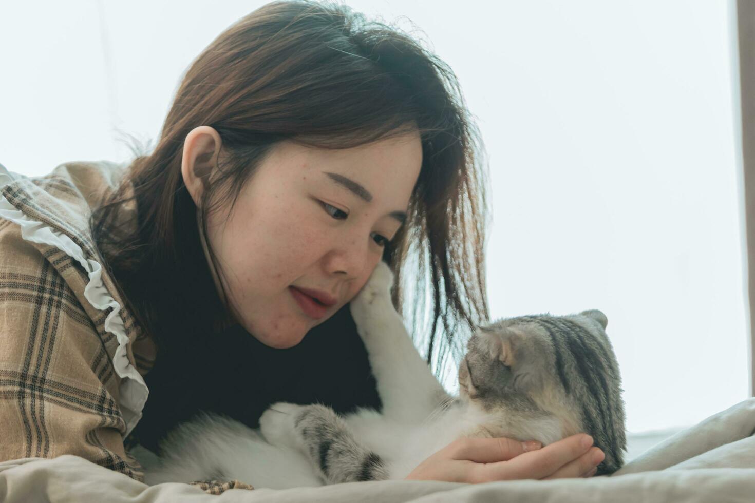 A young woman is holding lovely cat playing with cat photo