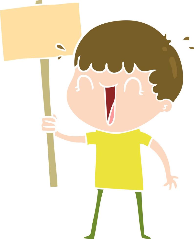 laughing flat color style cartoon man waving placard vector