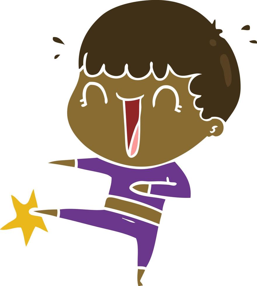 laughing flat color style cartoon man karate kicking vector