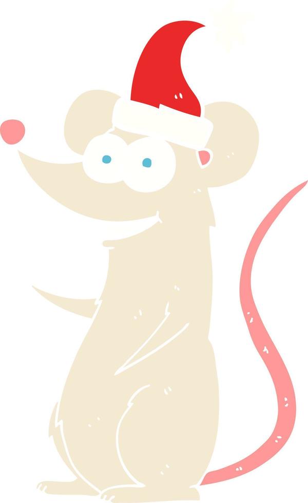 flat color illustration of a cartoon mouse wearing christmas hat vector