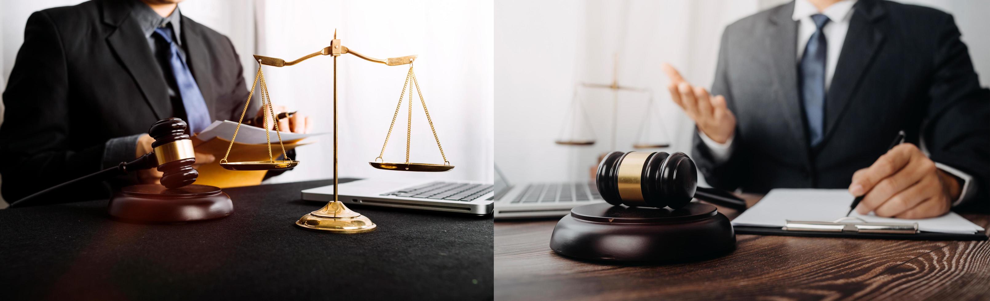 Business and lawyers discussing contract papers with brass scale on desk in office. Law, legal services, advice, justice and law concept picture with film grain effect photo