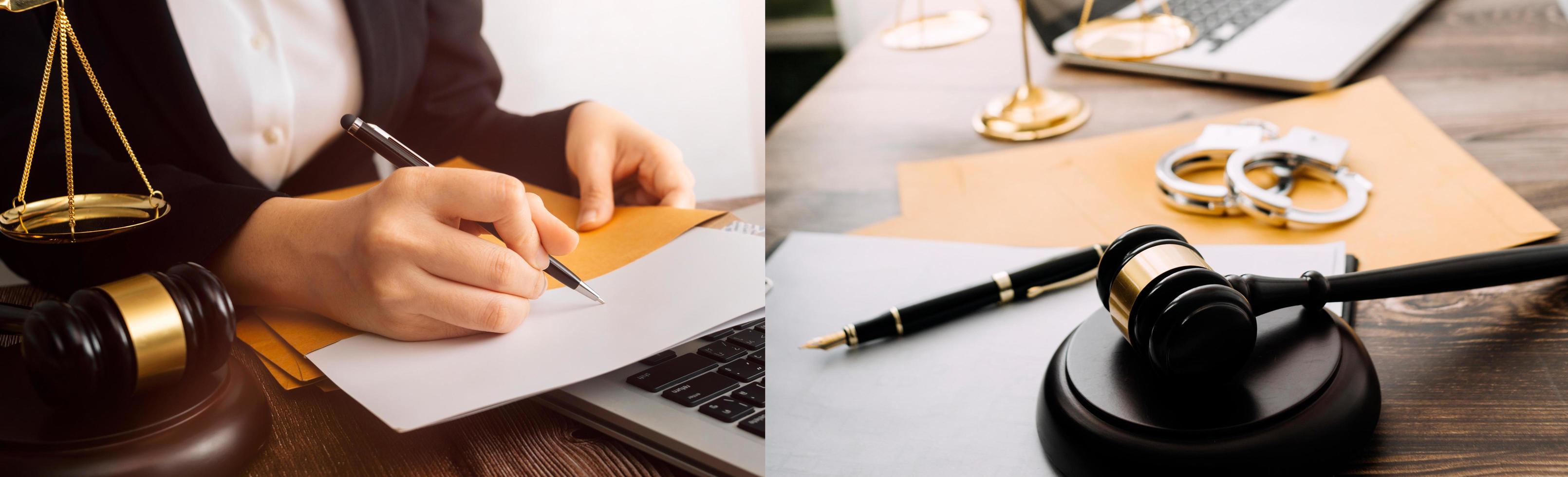 Business and lawyers discussing contract papers with brass scale on desk in office. Law, legal services, advice, justice and law concept picture with film grain effect photo