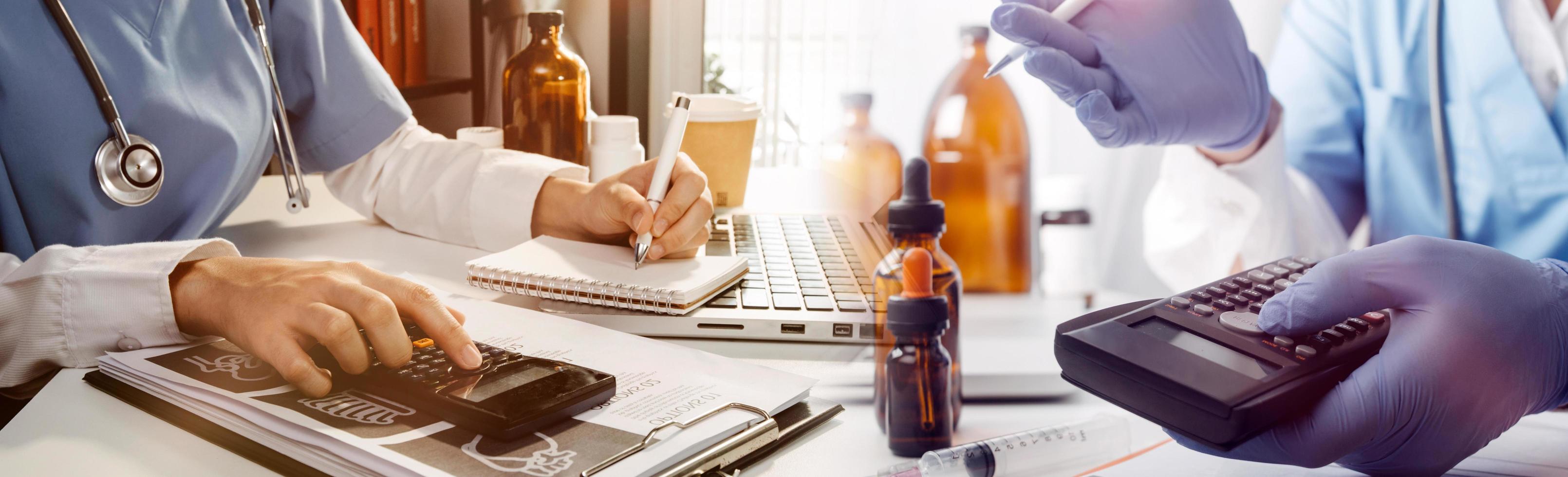 Medicine doctor hand working on a patients x-ray scans digital healthcare and connection with modern virtual screen interface icons, Medical technology and network concept. photo