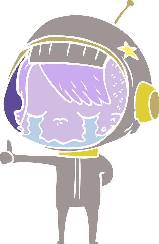 flat color style cartoon crying astronaut girl making thumbs up sign vector