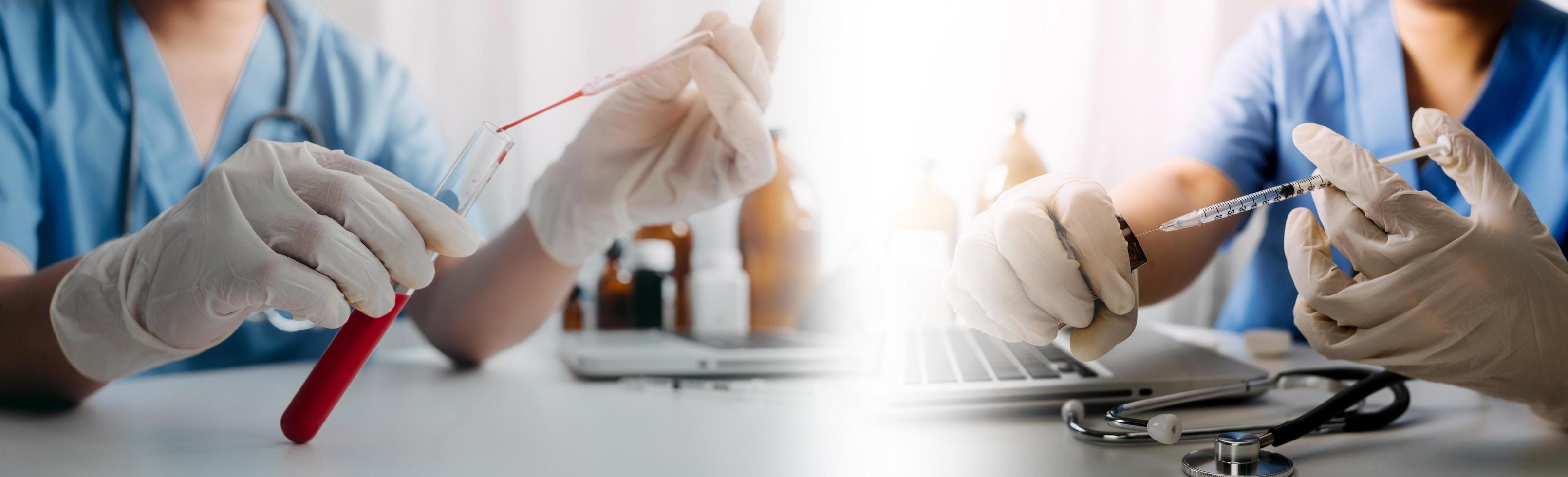 Double exposure of technology healthcare And Medicine concept. Doctors using digital tablet and modern virtual screen interface icons panoramic banner, blurred background. photo