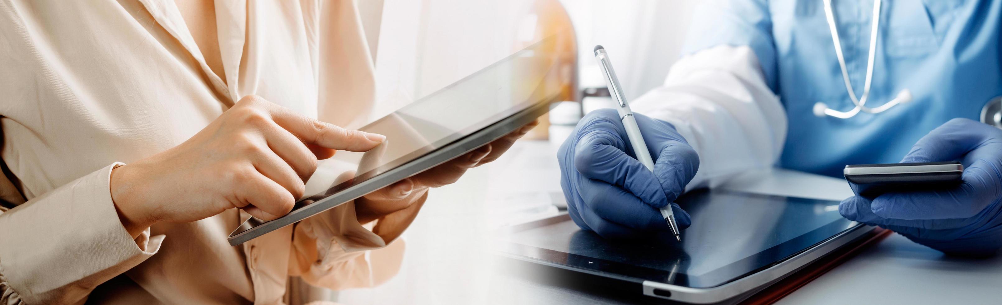 Double exposure of technology healthcare And Medicine concept. Doctors using digital tablet and modern virtual screen interface icons panoramic banner, blurred background. photo