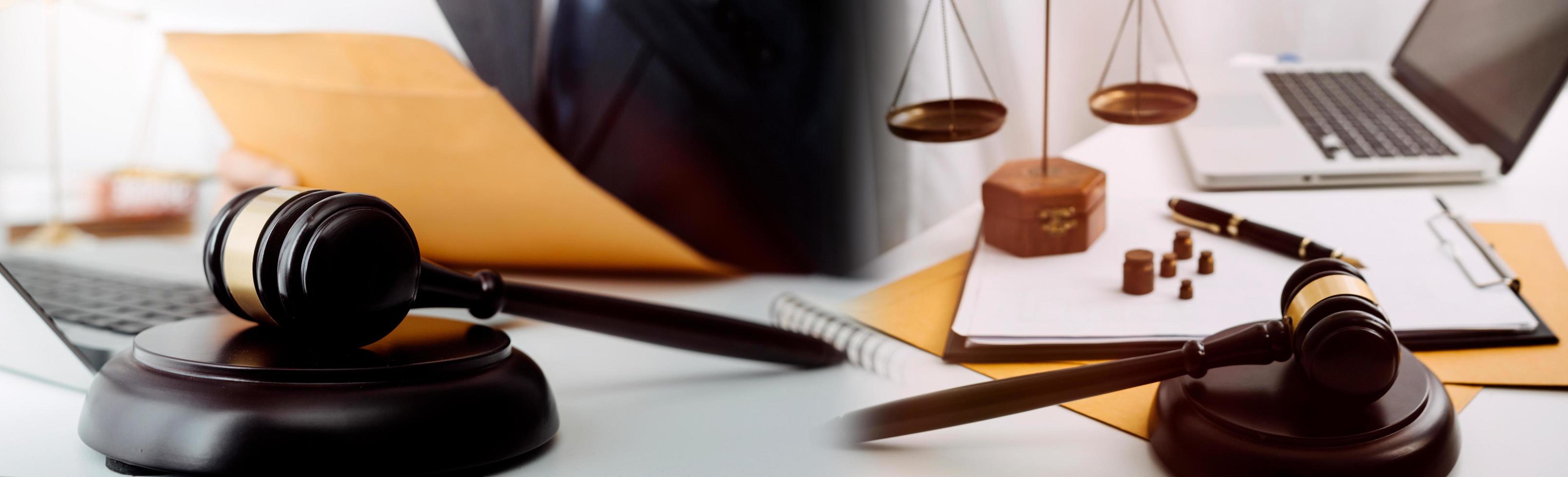 Business and lawyers discussing contract papers with brass scale on desk in office. Law, legal services, advice, justice and law concept picture with film grain effect photo