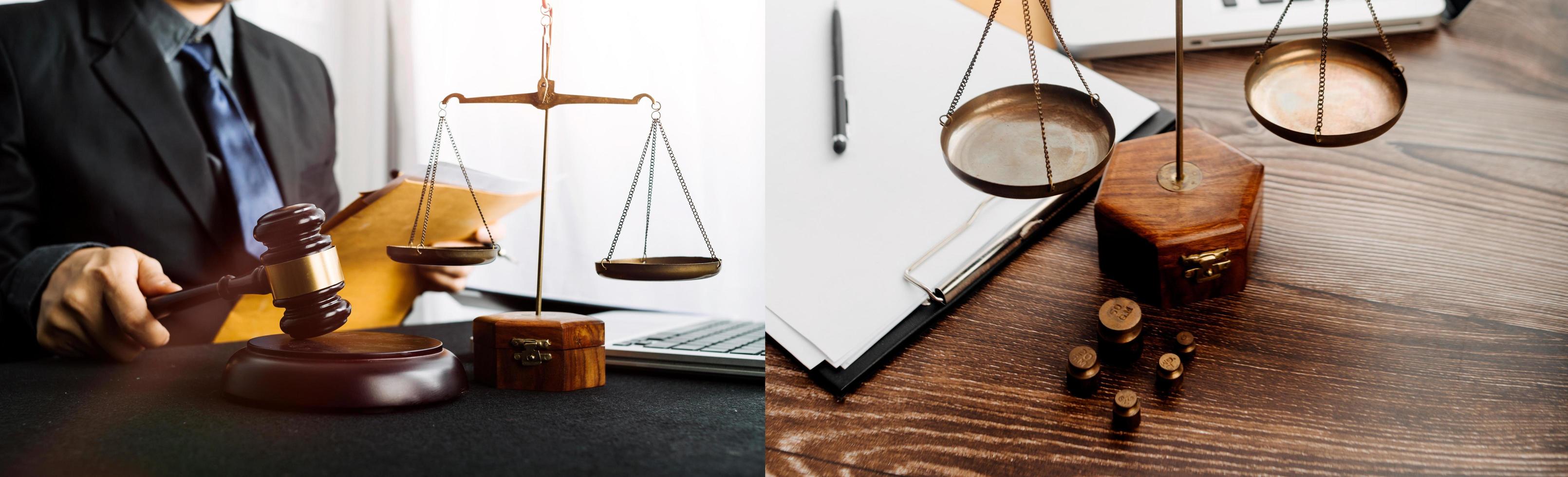 Business and lawyers discussing contract papers with brass scale on desk in office. Law, legal services, advice, justice and law concept picture with film grain effect photo