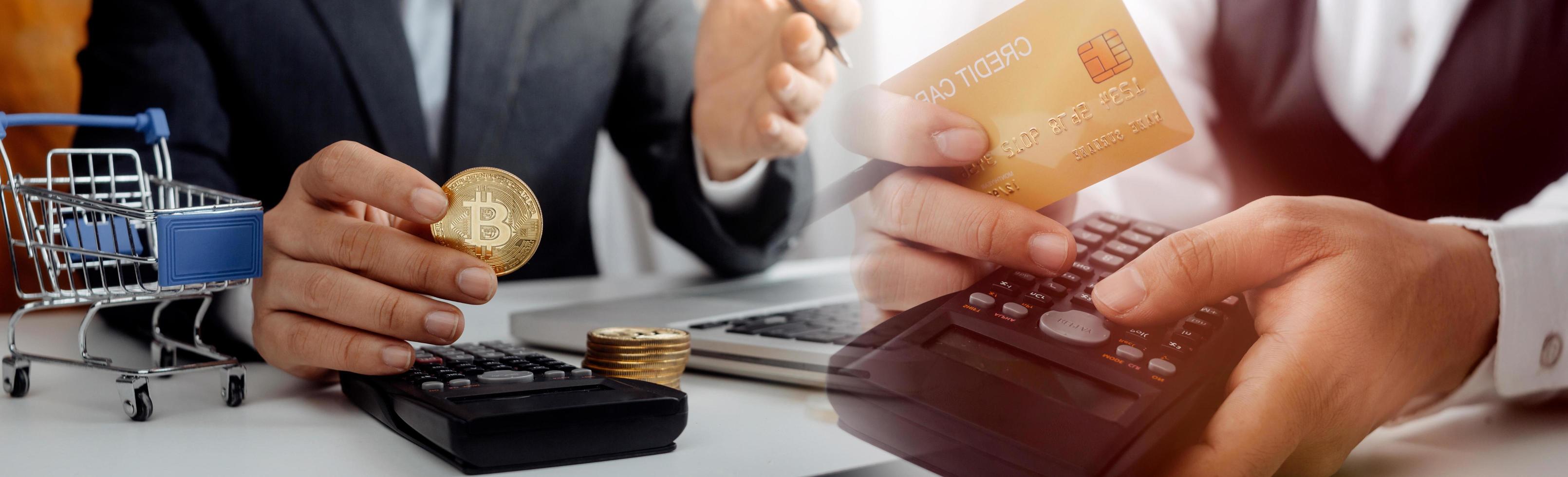 technology, people and online shopping concept - happy smiling man with tablet pc computer and credit card at home photo