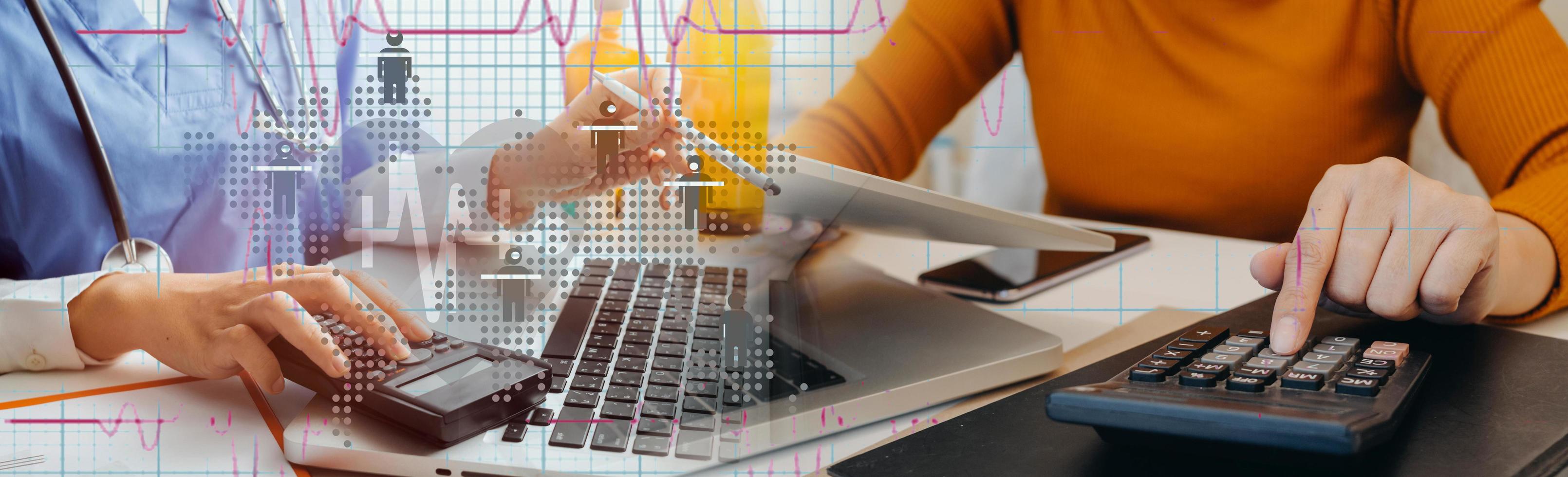 Medicine doctor hand working on a patients x-ray scans digital healthcare and connection with modern virtual screen interface icons, Medical technology and network concept. photo
