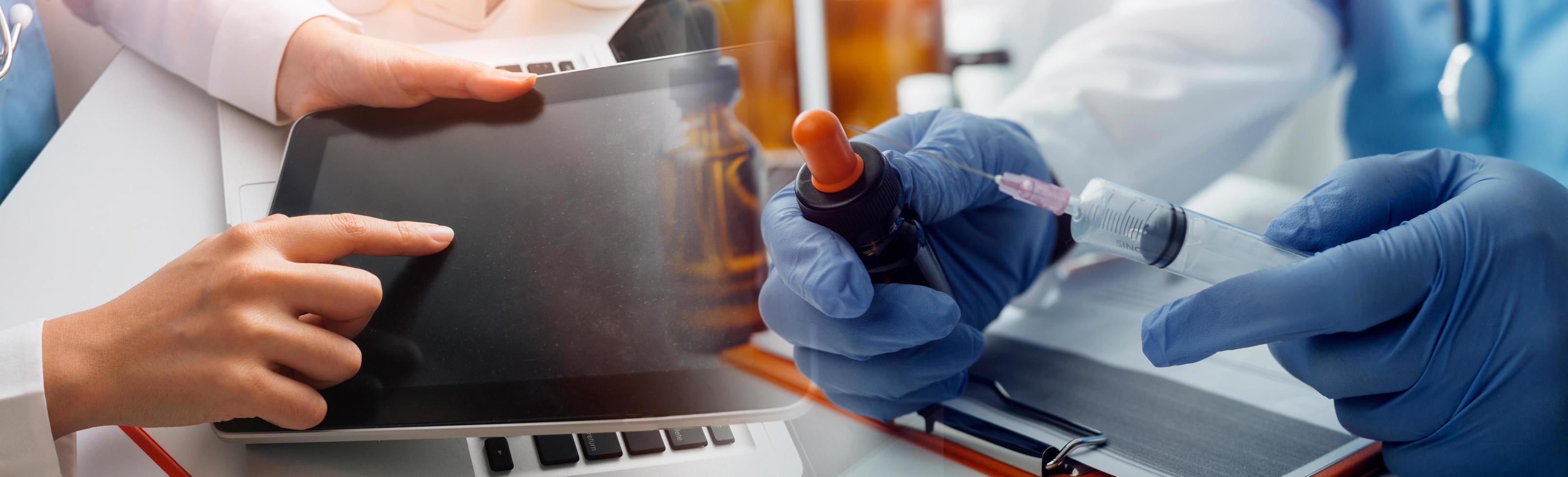 Double exposure of technology healthcare And Medicine concept. Doctors using digital tablet and modern virtual screen interface icons panoramic banner, blurred background. photo