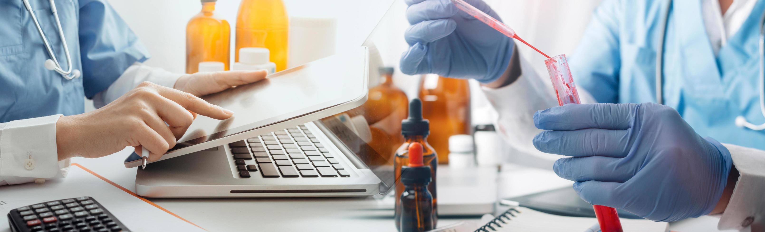 Double exposure of technology healthcare And Medicine concept. Doctors using digital tablet and modern virtual screen interface icons panoramic banner, blurred background. photo