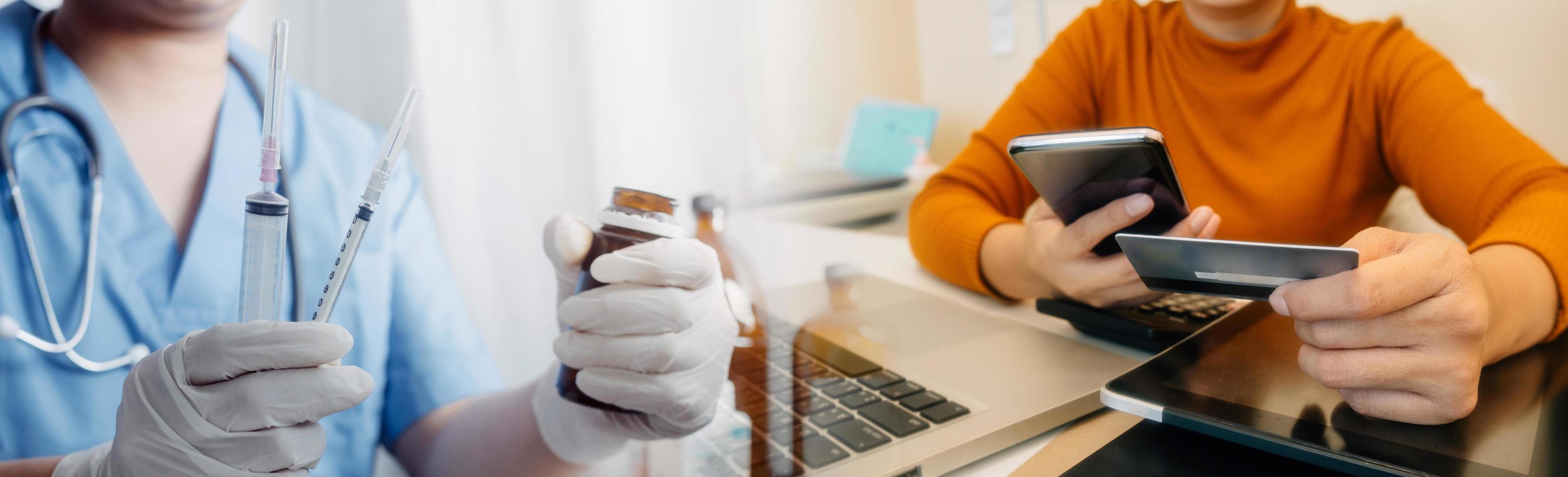 Double exposure of technology healthcare And Medicine concept. Doctors using digital tablet and modern virtual screen interface icons panoramic banner, blurred background. photo