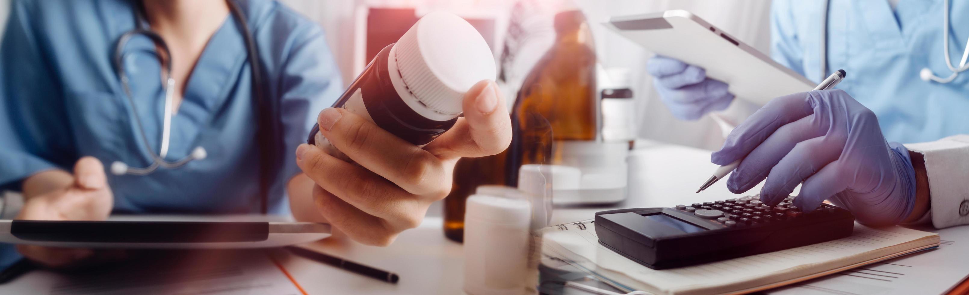 Double exposure of technology healthcare And Medicine concept. Doctors using digital tablet and modern virtual screen interface icons panoramic banner, blurred background. photo