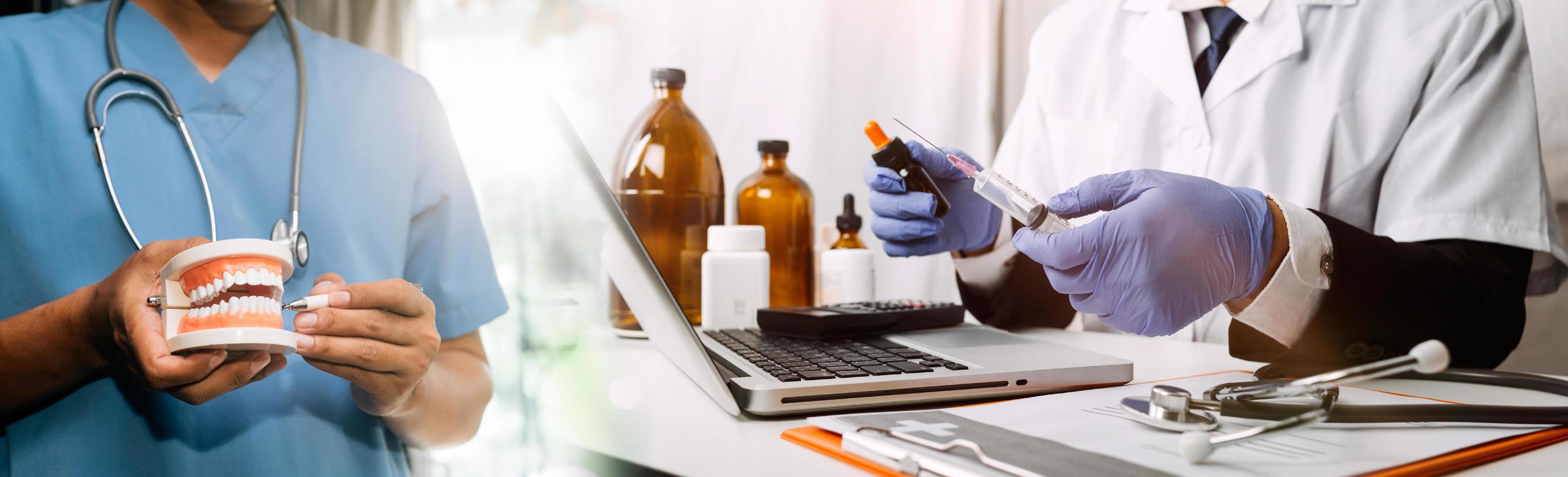 Double exposure of technology healthcare And Medicine concept. Doctors using digital tablet and modern virtual screen interface icons panoramic banner, blurred background. photo