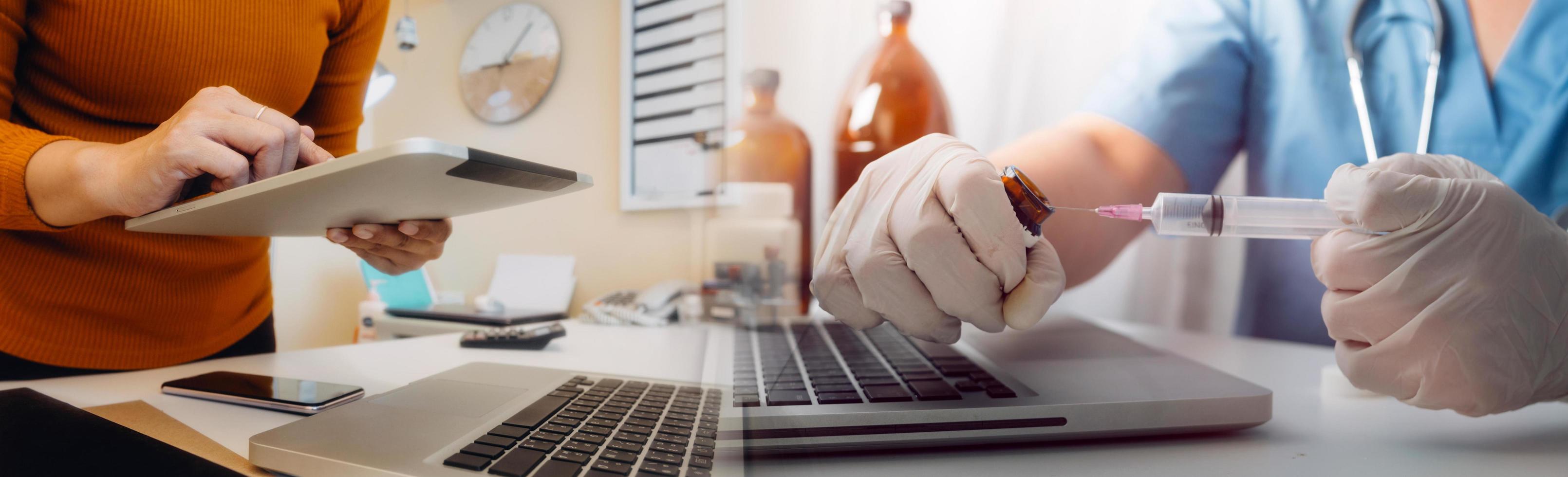 Double exposure of technology healthcare And Medicine concept. Doctors using digital tablet and modern virtual screen interface icons panoramic banner, blurred background. photo