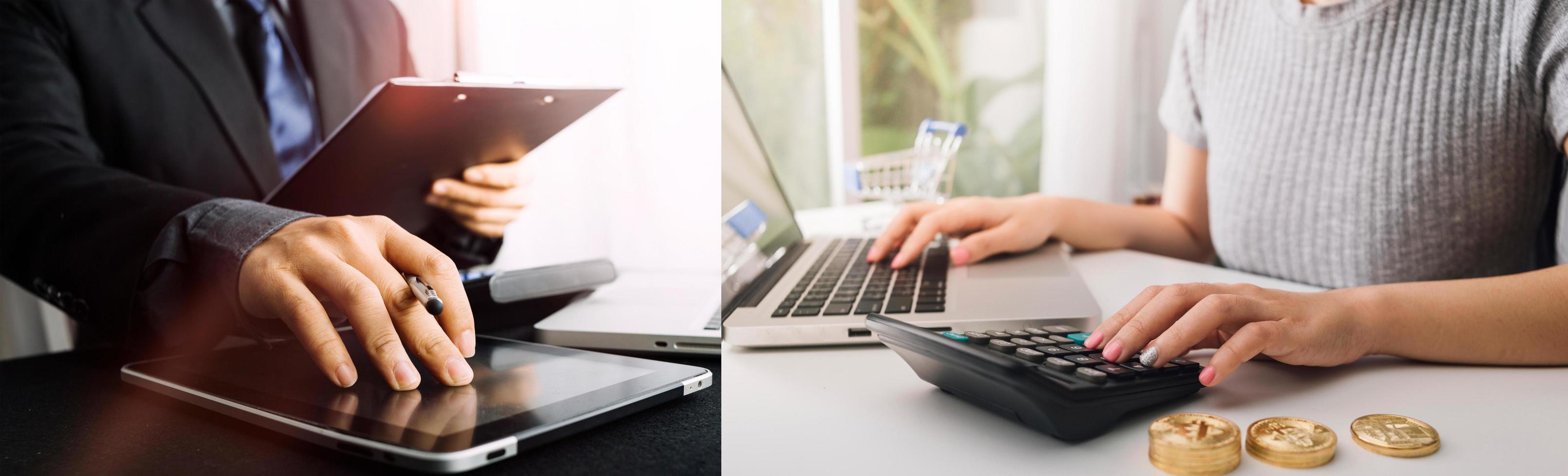 Business accounting concept, Business man using calculator with computer laptop, budget and loan paper in office. photo