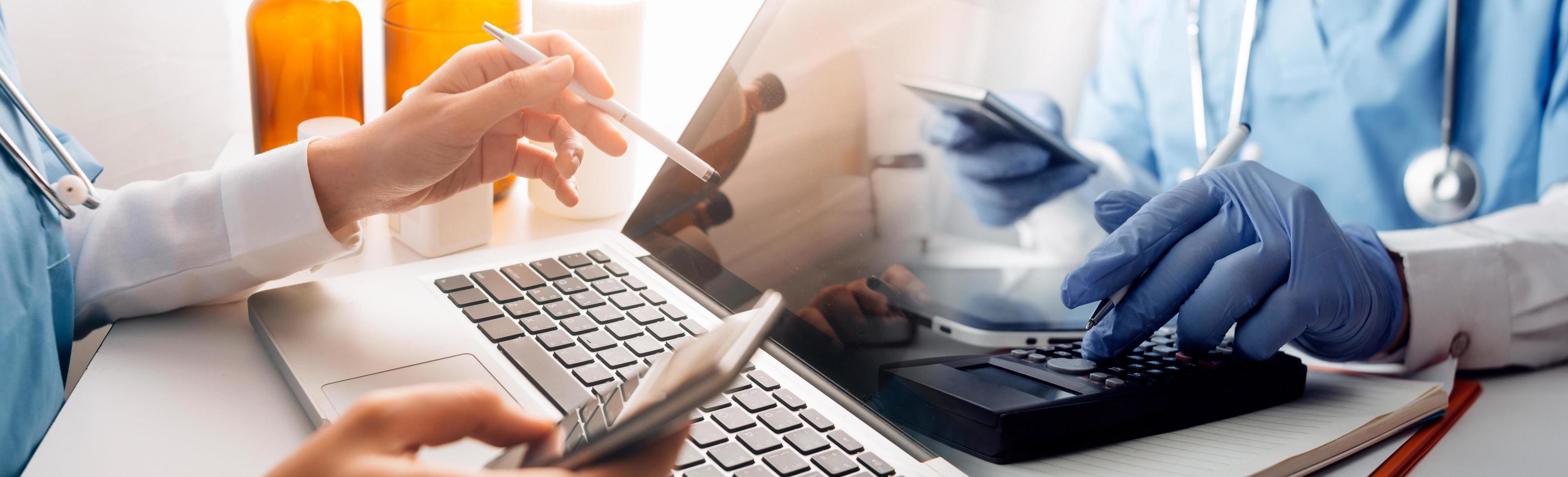 Double exposure of technology healthcare And Medicine concept. Doctors using digital tablet and modern virtual screen interface icons panoramic banner, blurred background. photo