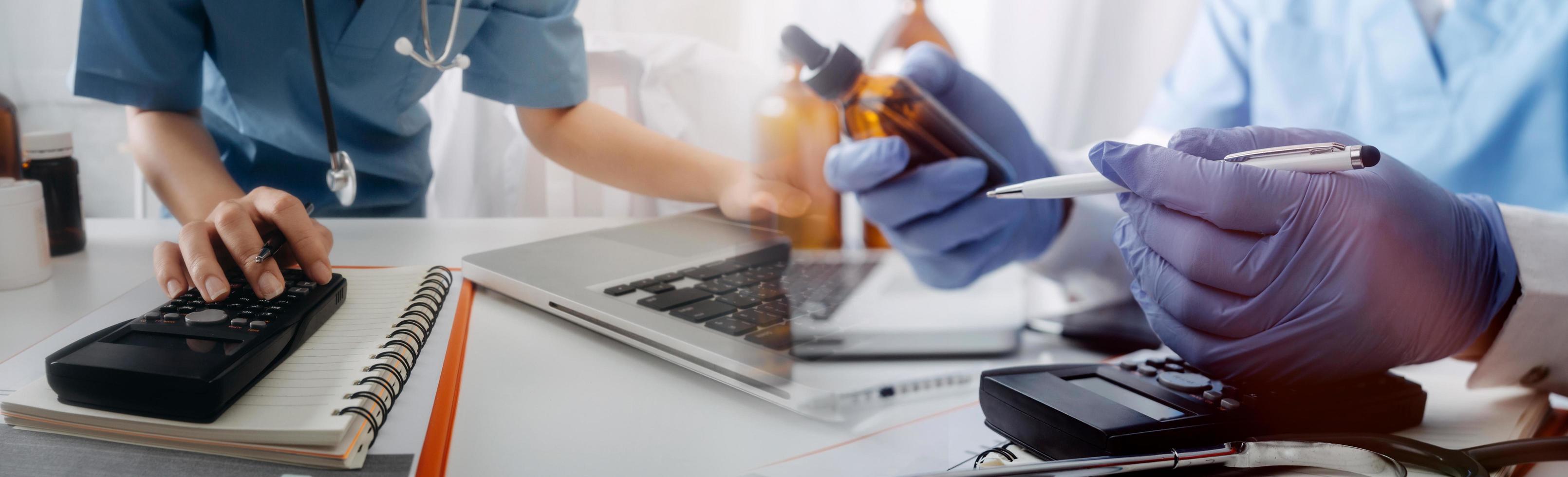 Double exposure of technology healthcare And Medicine concept. Doctors using digital tablet and modern virtual screen interface icons panoramic banner, blurred background. photo