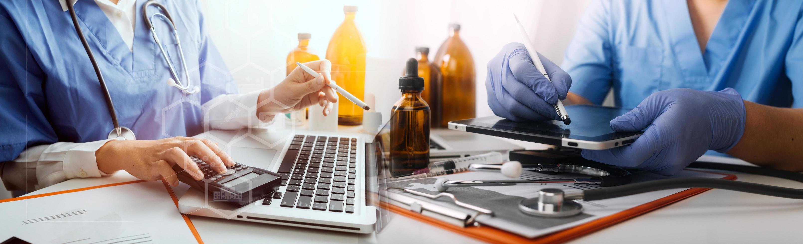 Medicine doctor and robotics research and analysis. Diagnose checking coronavirus or covid-19 testing result with virtual screen in laboratory, Inhibition of disease outbreaks and Medical technology photo