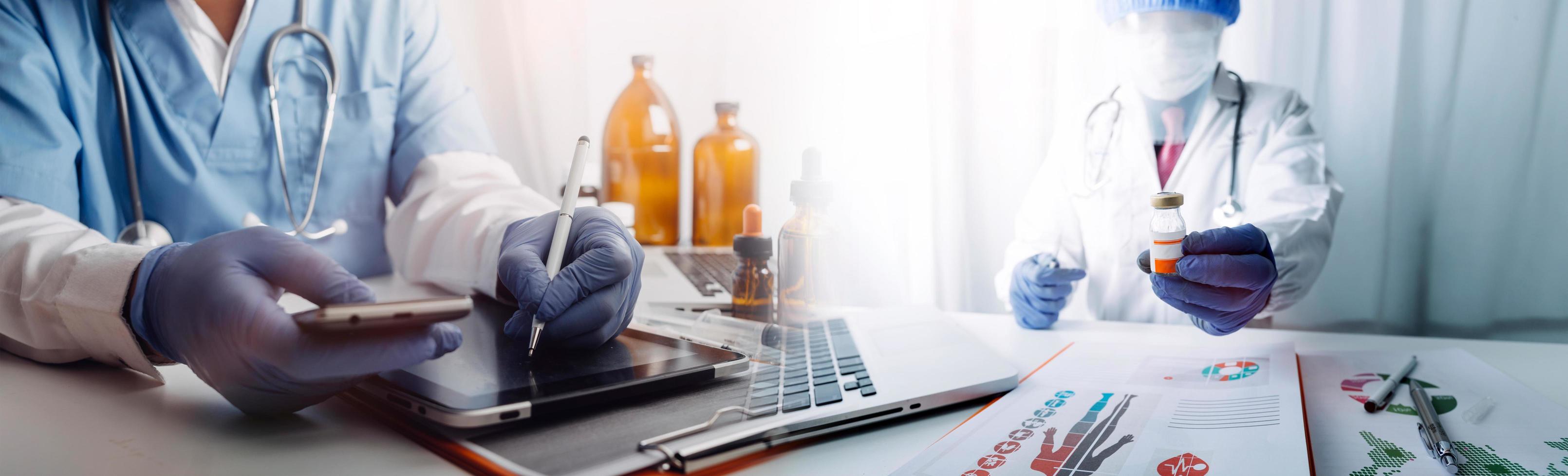 Double exposure of technology healthcare And Medicine concept. Doctors using digital tablet and modern virtual screen interface icons panoramic banner, blurred background. photo