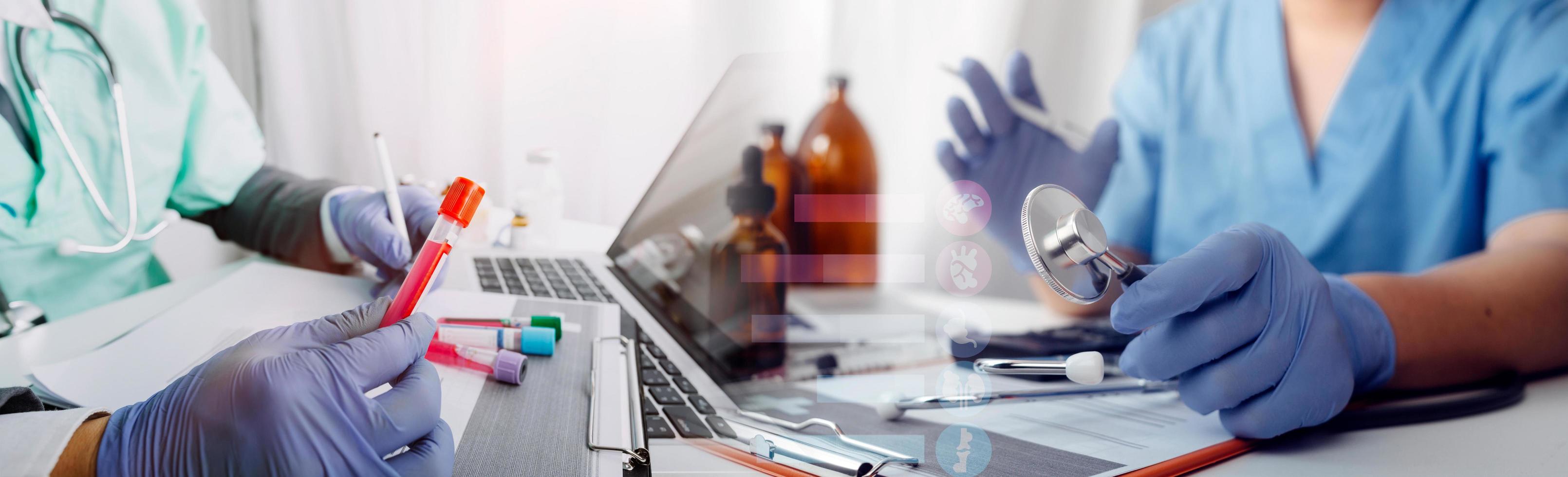 Medicine doctor and robotics research and analysis. Diagnose checking coronavirus or covid-19 testing result with virtual screen in laboratory, Inhibition of disease outbreaks and Medical technology photo
