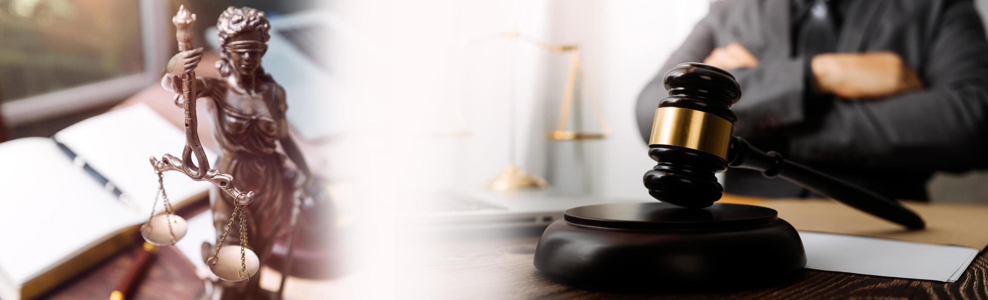 Business and lawyers discussing contract papers with brass scale on desk in office. Law, legal services, advice, justice and law concept picture with film grain effect photo