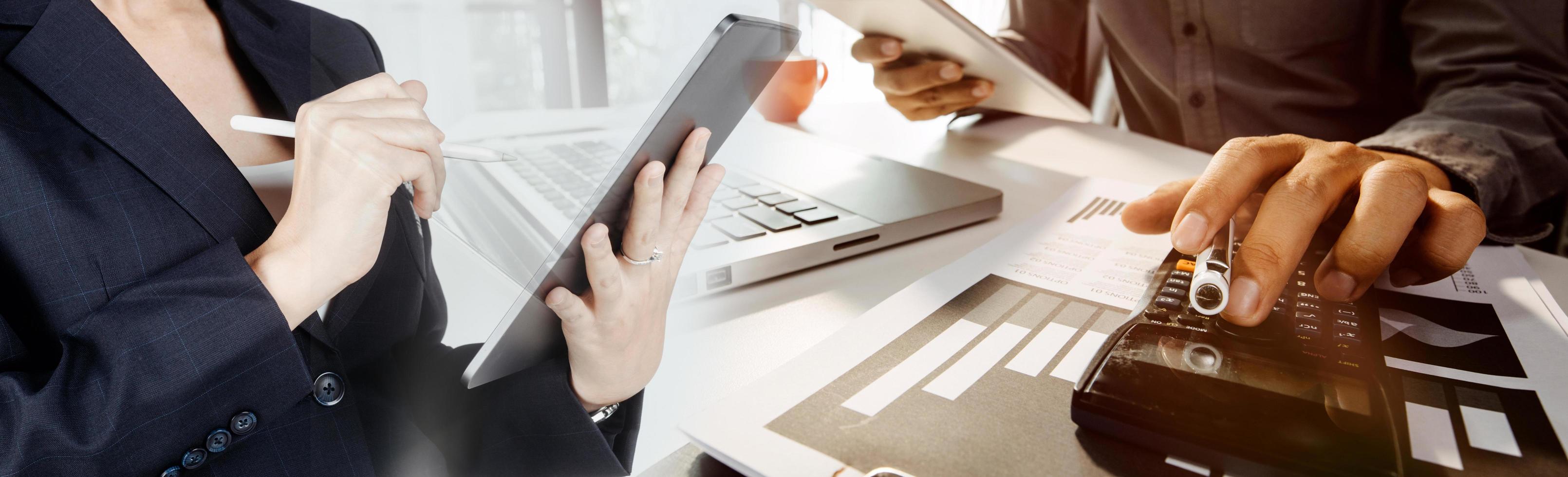 Business accounting concept, Business man using calculator with computer laptop, budget and loan paper in office. photo