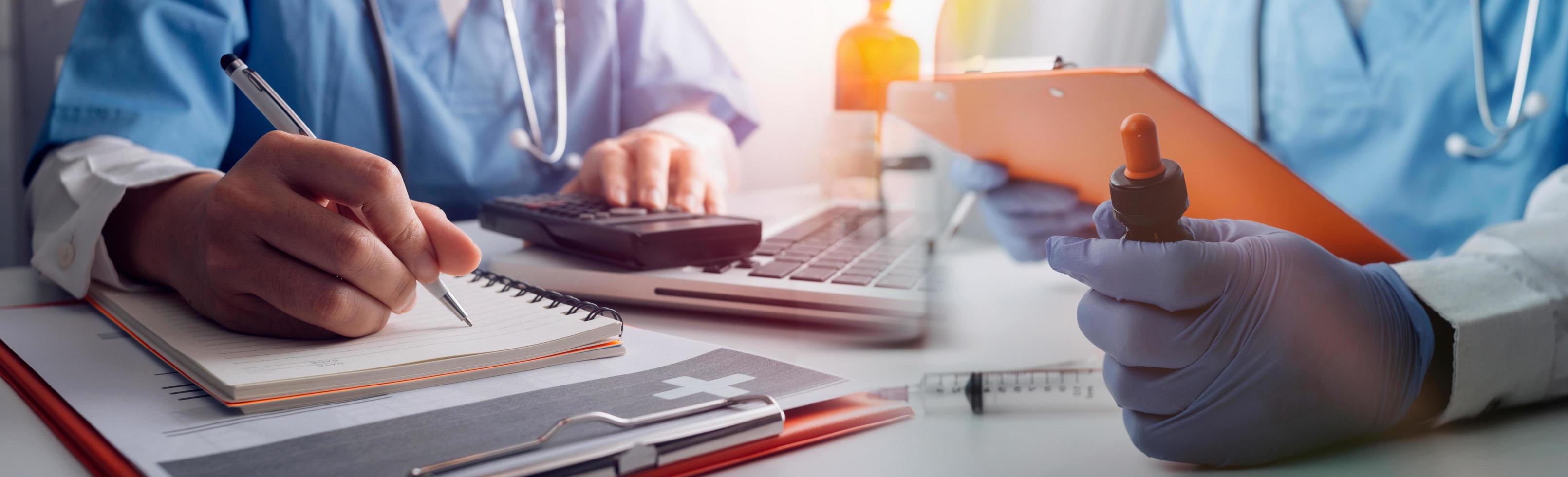 Double exposure of technology healthcare And Medicine concept. Doctors using digital tablet and modern virtual screen interface icons panoramic banner, blurred background. photo