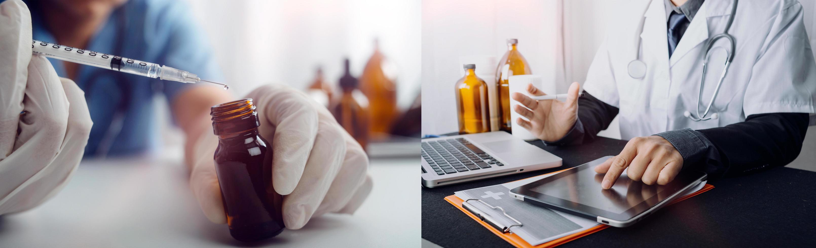 Medicine doctor and robotics research and analysis. Diagnose checking coronavirus or covid-19 testing result with virtual screen in laboratory, Inhibition of disease outbreaks and Medical technology photo