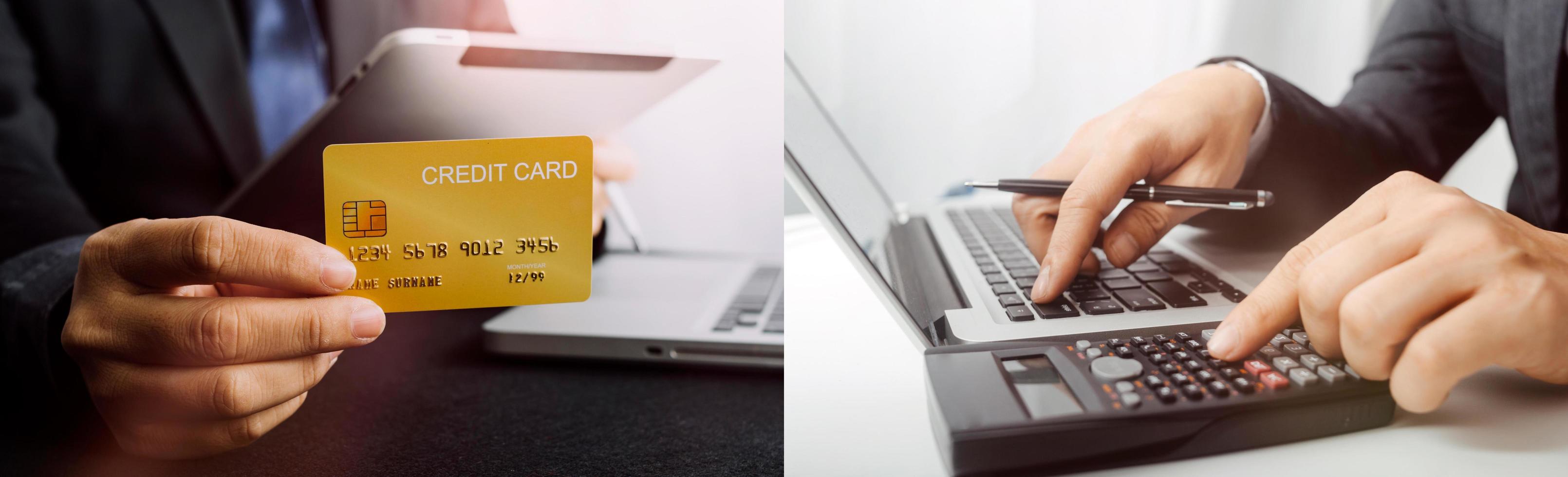 technology, people and online shopping concept - happy smiling man with tablet pc computer and credit card at home photo