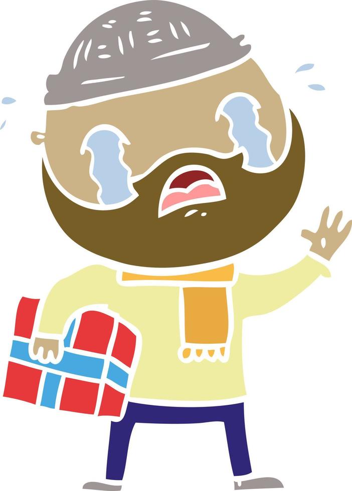 hombre barbudo de dibujos animados de estilo de color plano llorando con regalo de navidad vector