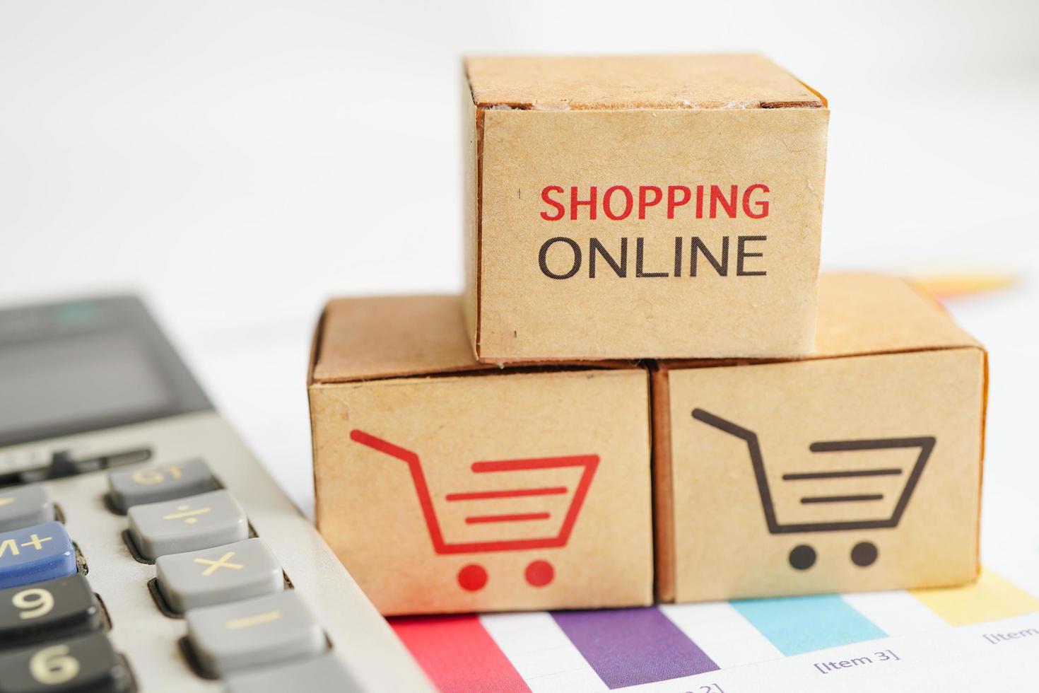 Online shopping, Shopping cart box on calculator, import export, finance commerce. photo