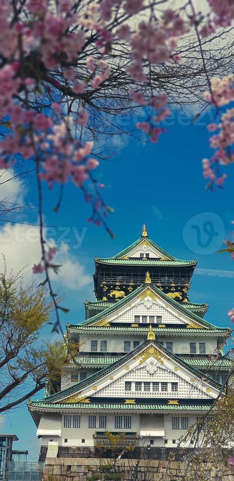 Landscape photo of Osaka Castle in spring, where there are still some cherry blossoms still in bloom.