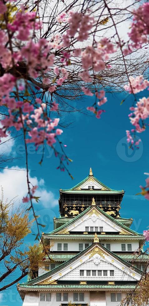 Landscape photo of Osaka Castle in spring, where there are still some cherry blossoms still in bloom.
