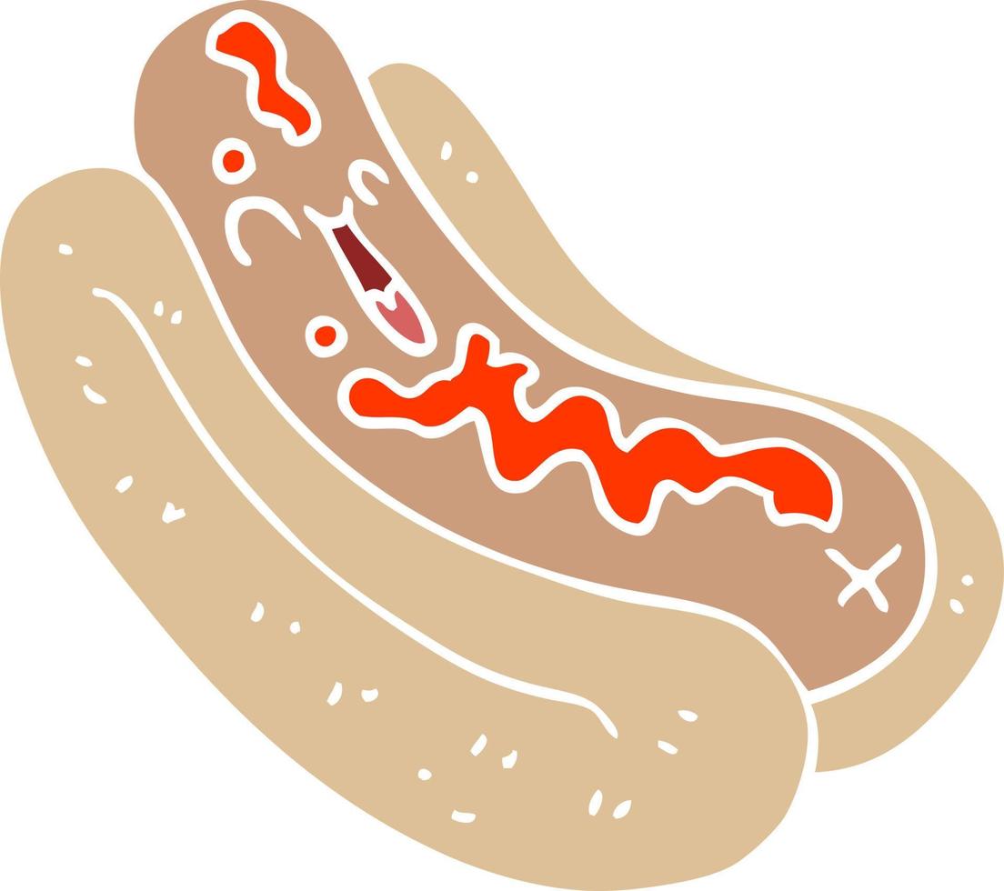 cartoon doodle hotdog in bun with ketchup vector