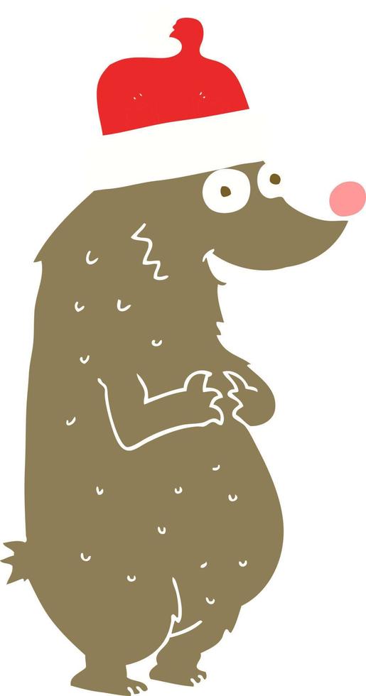 flat color illustration of a cartoon bear wearing christmas hat vector