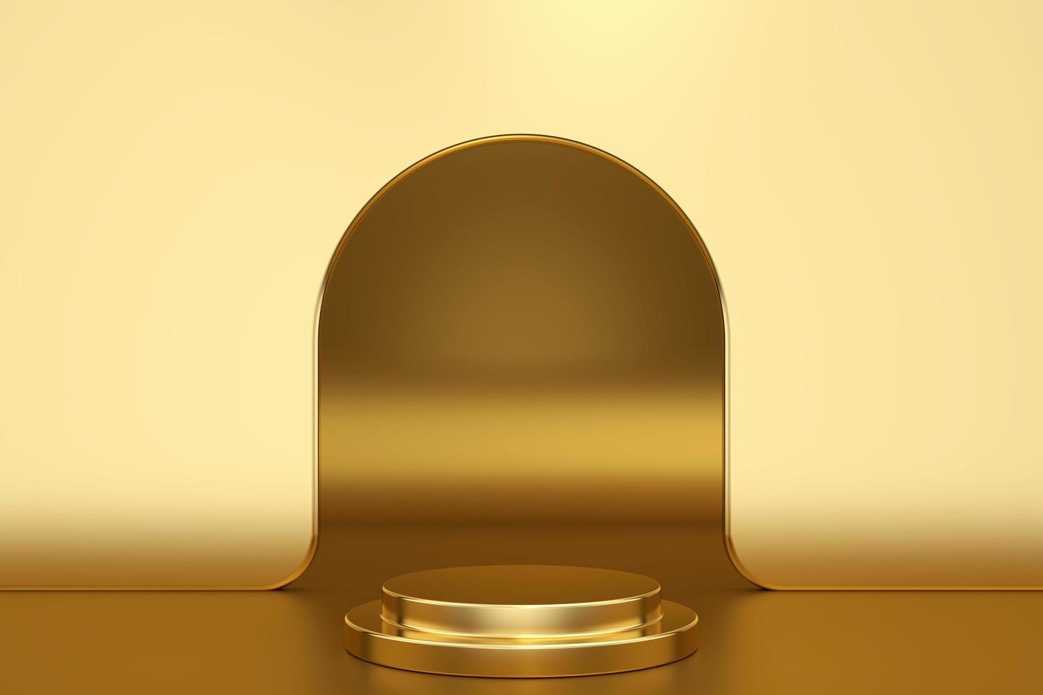 Gold product background stand or podium pedestal on advertising display. Studio mock up background for product presentation, with circle shapes, podium on the floor. minimal style.3D rendering. photo