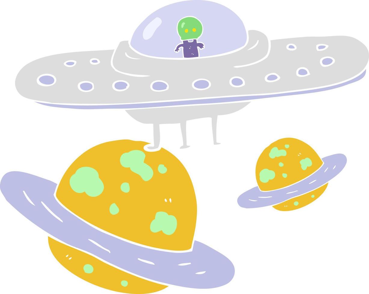 flat color illustration of a cartoon flying saucer in space vector