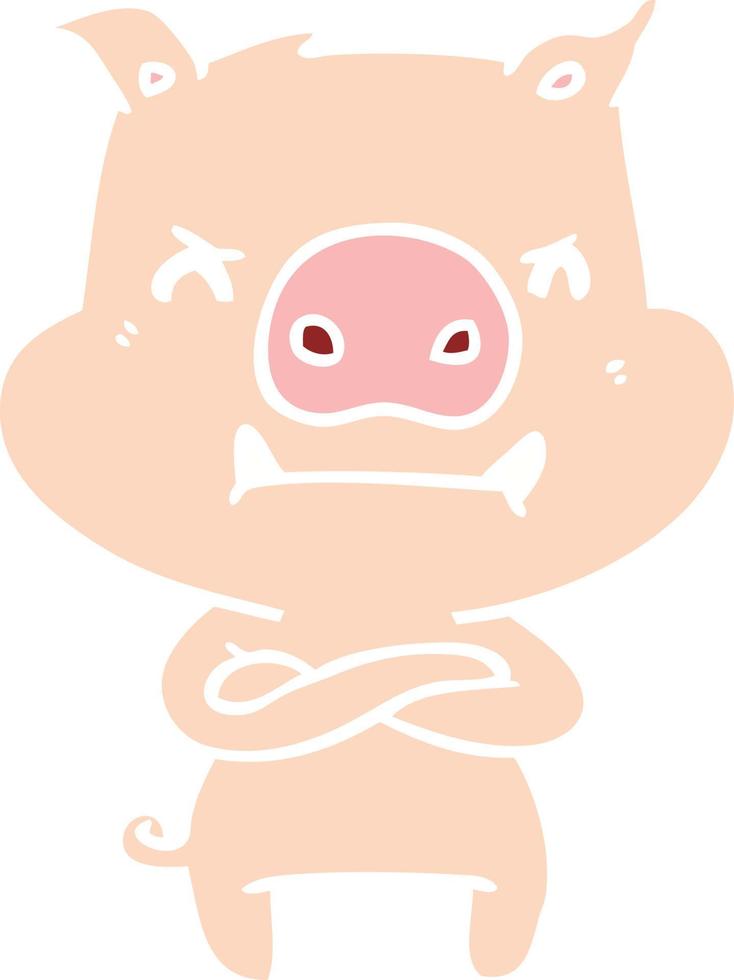 angry flat color style cartoon pig vector