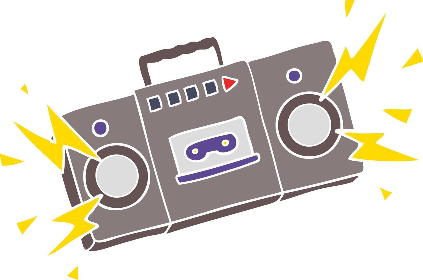 retro flat color style cartoon tape cassette player blasting out old rock tunes vector