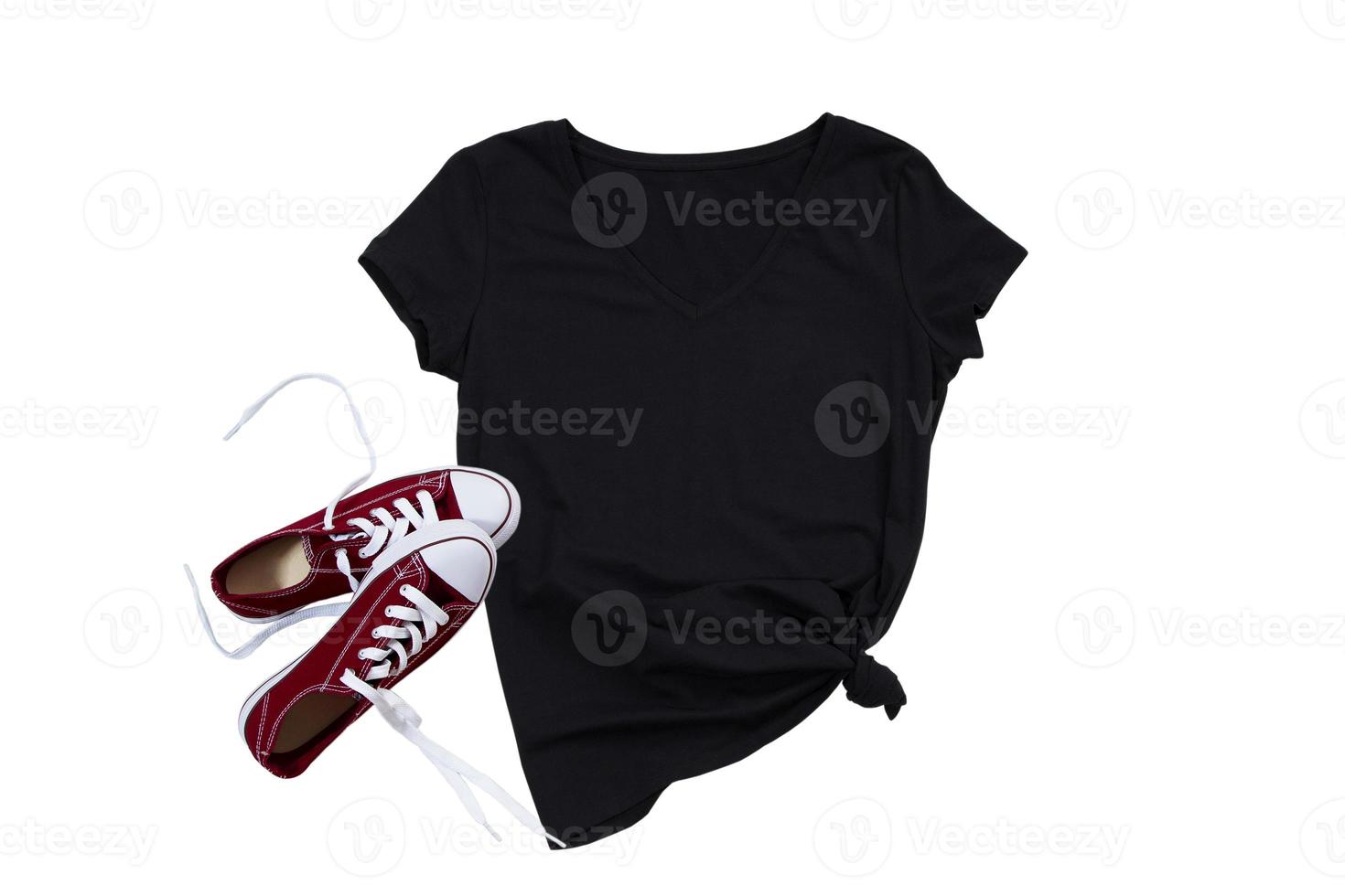 Summer black closeup t shirt mock up flat lay isolated on white background. Top view and copy space. Mockup t-shirt and summertime. Template blank shirt. photo