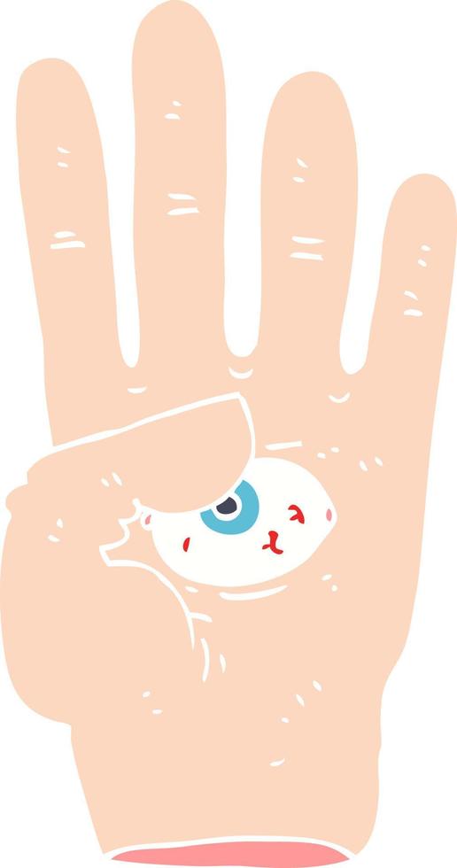 flat color illustration of a cartoon spooky hand with eyeball vector