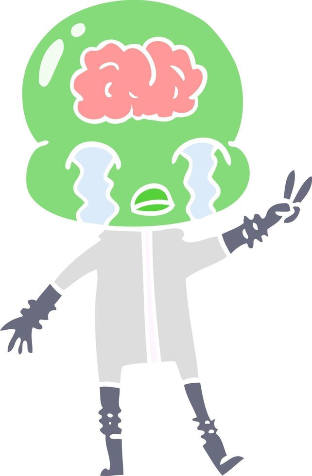 flat color style cartoon big brain alien crying and giving peace sign vector