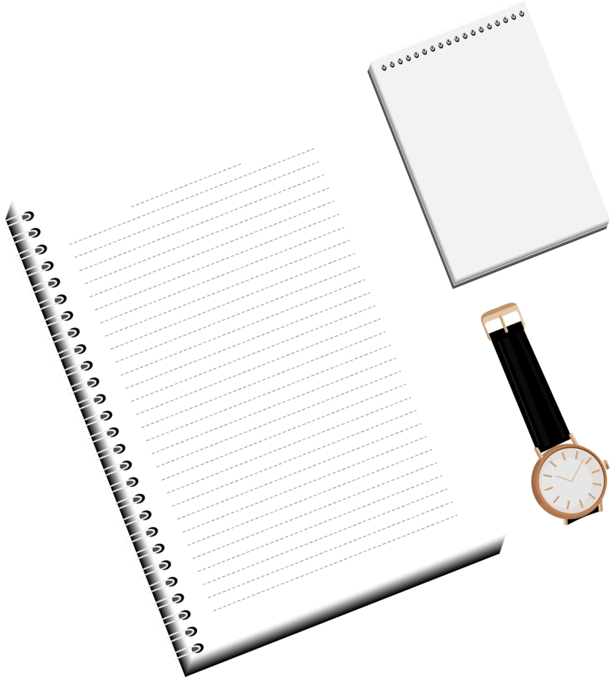 A white lined notebook and notepad for writing notes are placed next to wristwatch with black strap converted png