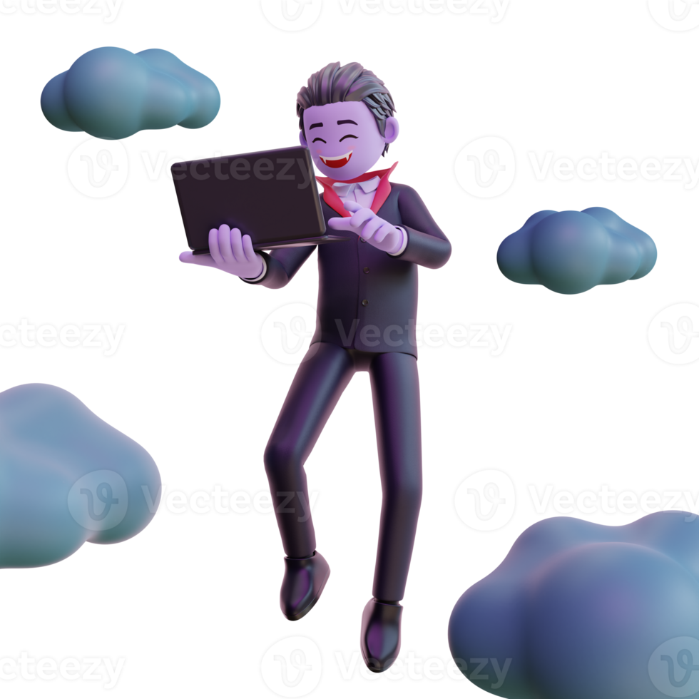 Personaje de vampiro 3d con laptop, feliz halloween. png