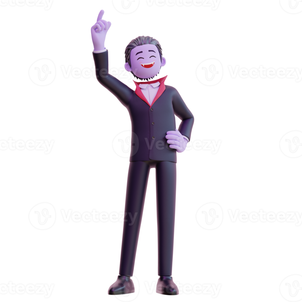 3d vampire character pointing up, Happy halloween. png