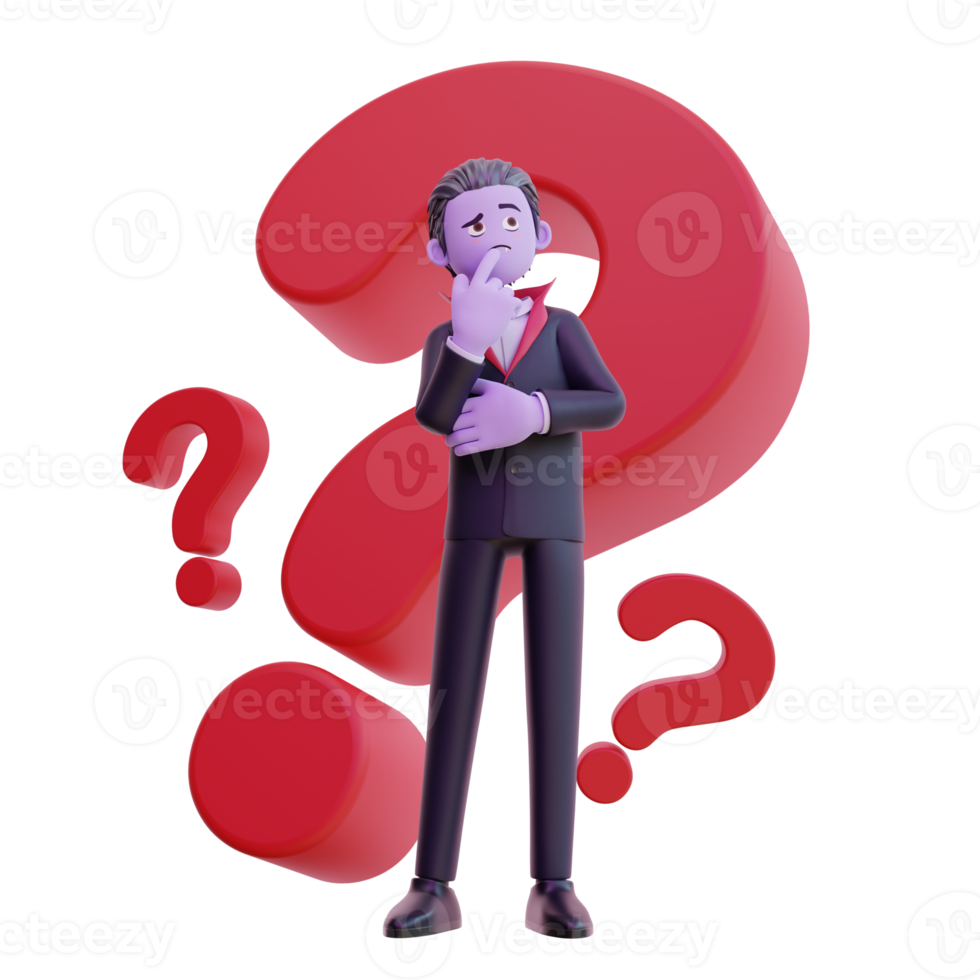 3d vampire character with question mark, Happy halloween. png