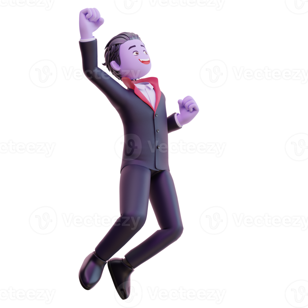 3d vampire character happy jump, Happy halloween. png